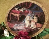 Decorative Plate, The Missing Curtain, Cats, Kittens, Calico Cat, Tabby Cat, Wall Hanging, Wall Plate, Red Gold Blue, Regency, Victorian