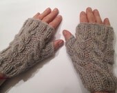 HandKnit Elegant Cabled Super Warm and Cozy Unisex 100% Organic Wool Gloves Gray with little of Pink/Blue/Accessory