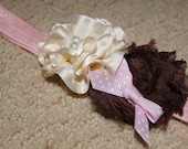 Handmade Creme Ruffled Flower, Brown Shabby Chic Flower Pink Fold Over Elastic, Photo Prop, Accessory, Infants, Girls, Tweens