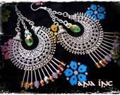 ethnic BEADED DANGLE EARRING, sari india, belly dancer gypsy. bohemian boho  hippie, chandelier, filigree silver swarovski crystal tear drop