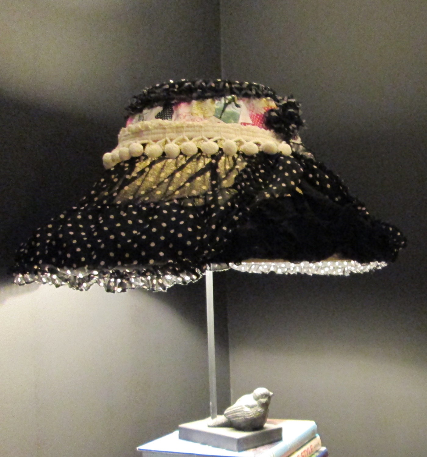 eclectic mix, eco friendly, repurposed fabric, grey, black and off white, flowers, pom poms, polka dots