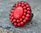 Beautiful Gemstone Red Coral Stone Beads Ring Handmade Knitting Wax Cotton Adjustable Size R4
