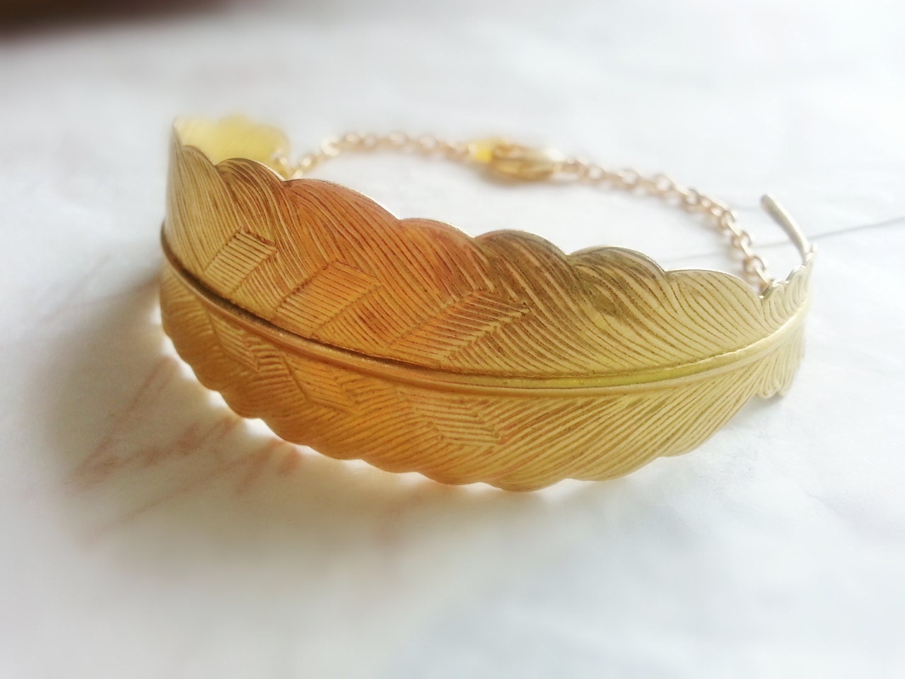 Large Gold Feather Bracelet Half Cuff Bracelet Gold Feather Charm Bracelet Gold Chain Bracelet Bridal Jewelry Gold Bracelet Feather Jewelry
