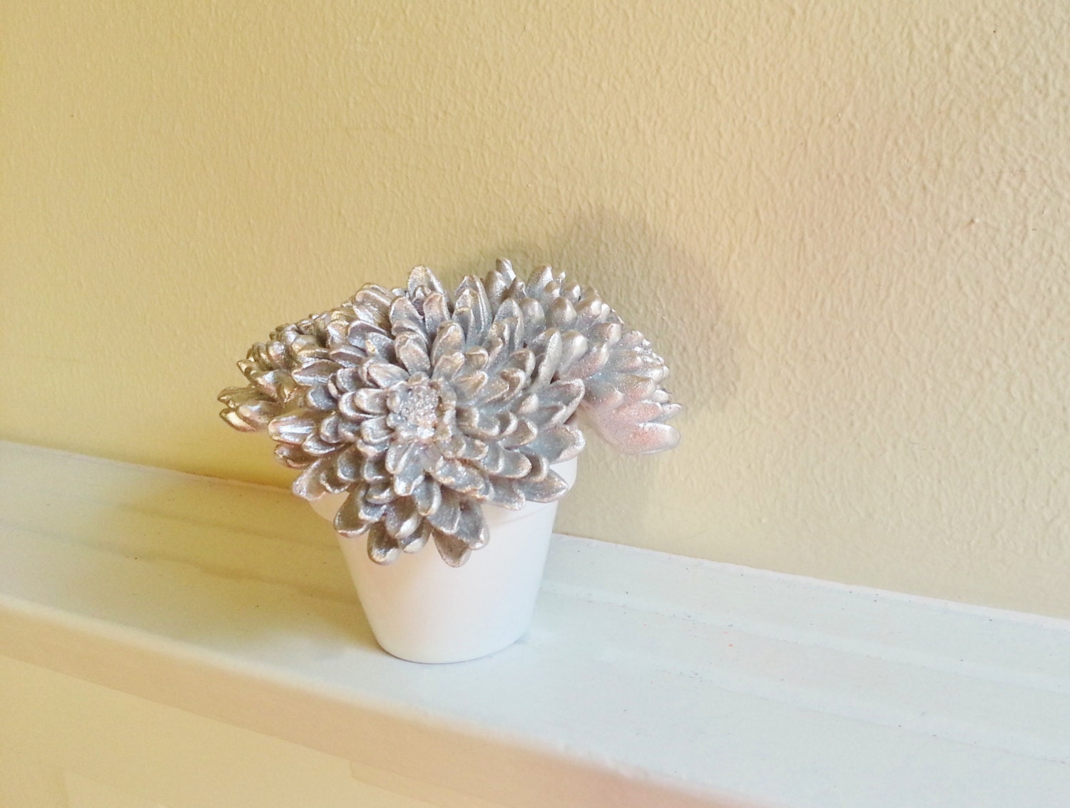 Silver Flower Sculpture in White Container, Wedding Favors, Desk accessory, Mums