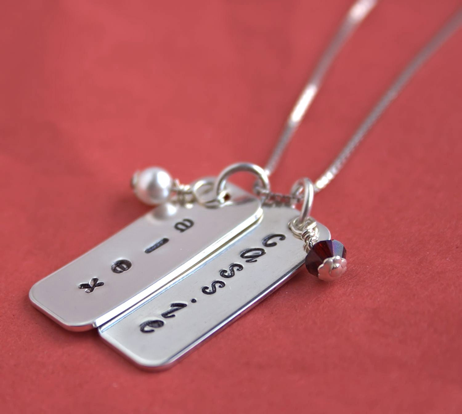 Sterling Silver Mommy Necklace Two Names with Birthstones Rounded Rectangle Charms Gift for Her