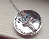 Faith and Family Necklace Sterling Silver Hand Stamped Personalized Four or Five Names and Birthstones, CZ Cross Charm, Mothers Jewelry