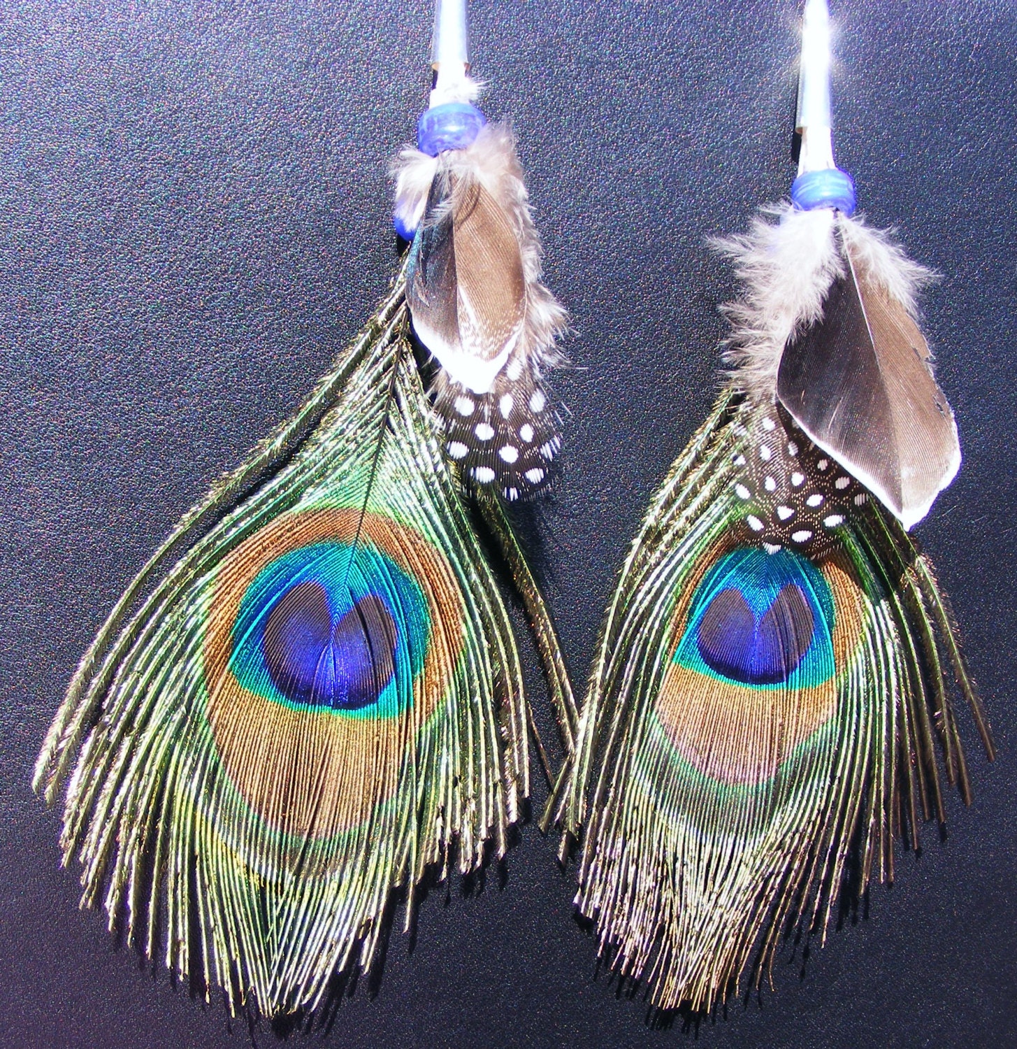 Jewelry, Earrings, Feather Earrings, Handmade Feather Earrings, Peacock Feather Earrings, Black, White and Blue Feather Earrings Sku 014