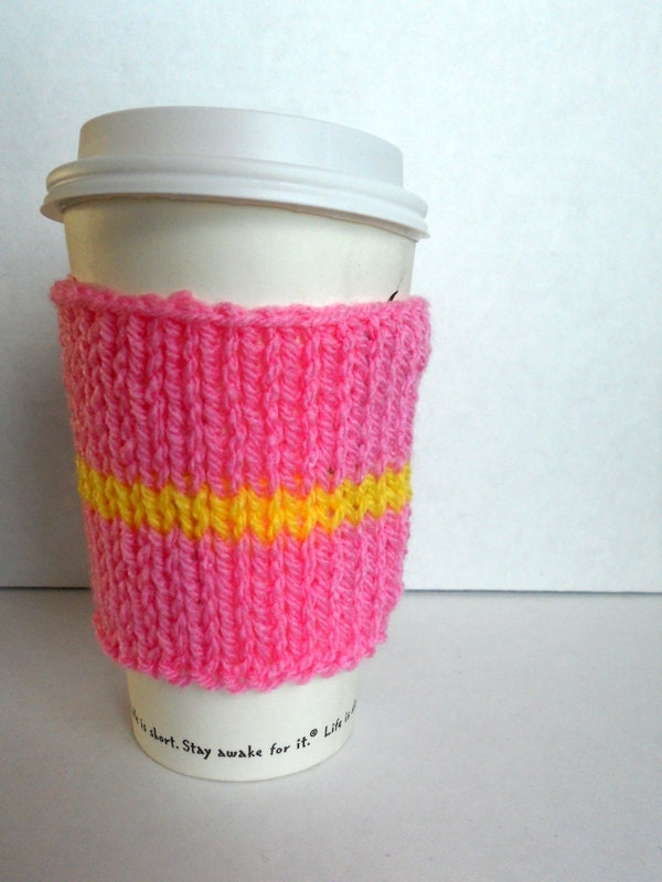 Knitted coffee cup cozy / coffee cup sleeve / coffee sweater / pink coffee cozy with yellow stripe