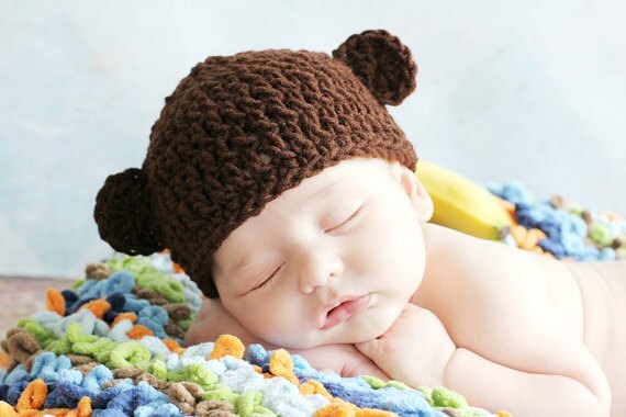 BABY Crochet BROWN  MONKEY Hat, Boy or Girl, Dark Brown  Many Sizes preemie newborn,0-3 month, 3-6 month, 6-12 month,,1-3 yr