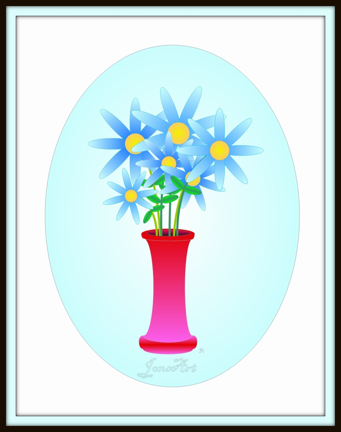 Wall Art Print, Illustration, Wall Decor, Modern Art, Digital Art, Family Room, Bedroom, Home Decor, Blue Flowers-Red Vase, 8 x 10 Print