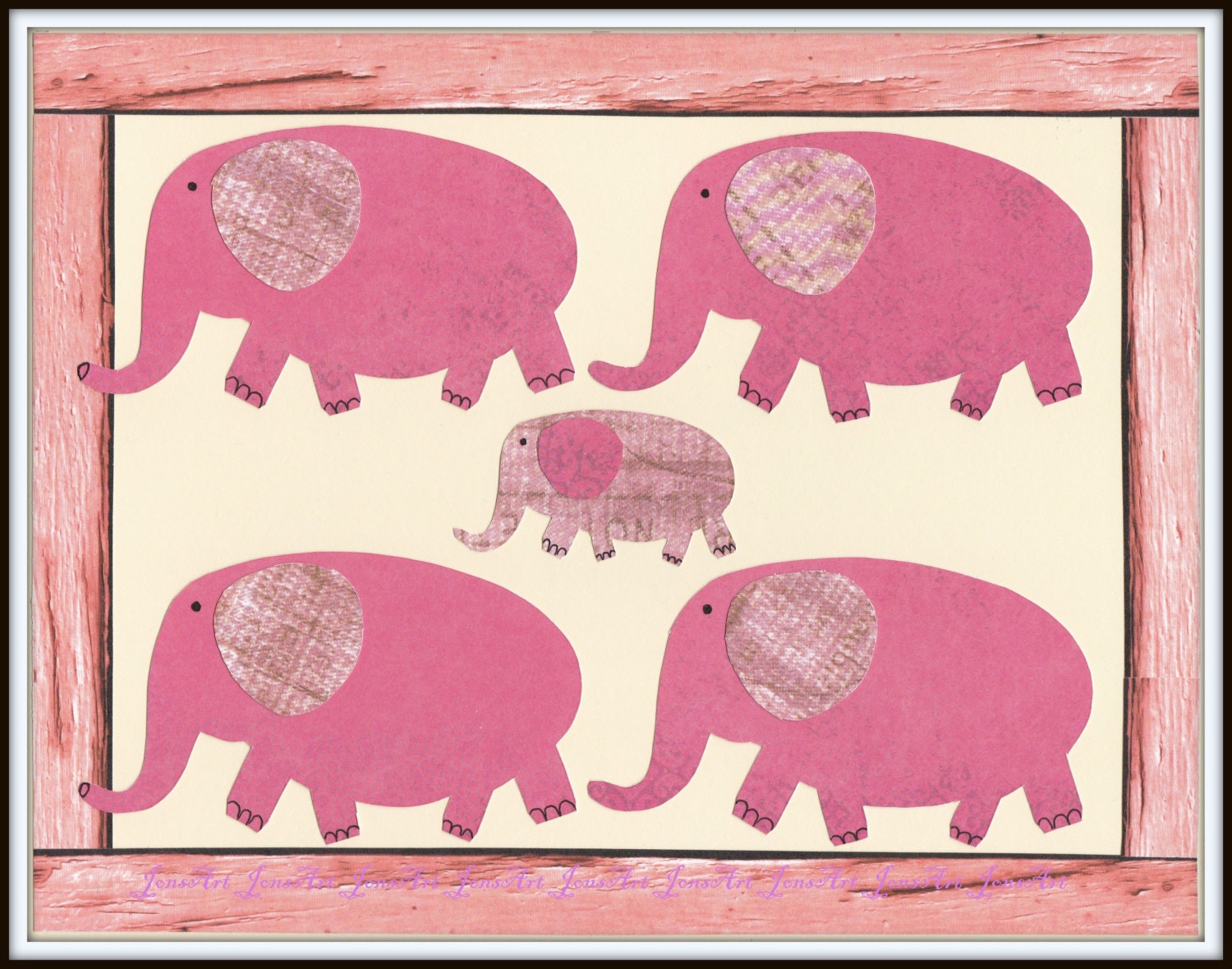 Childrens Wall Art for Nursery Decor, Kids Bedroom, Home Decor, Elephant Herd, Collage Art, Pink, Brown, Wood Frame, 8 x 10 Print.