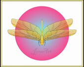 Dragonfly-Gold, Modern Art, Bedroom Wall Art, Living Room, Family, Home Decor, Childrens Room, Fine Art, Yellow, Blue, Red, 8 X 10 Print