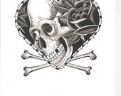 Valentiine's Day Heart With Skull And Rose Traditional Tattoo Flash