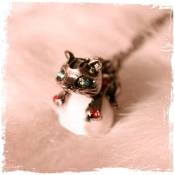 Bronze Golden Kitty Cat Charm Necklace Jewelry Pearl Kitten - Native American Made