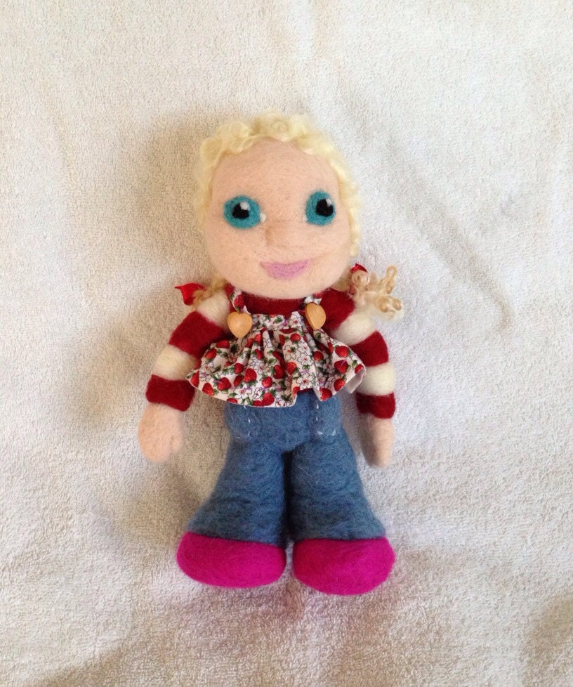 Needle felt doll / toy / handmade ooak dolly / blonde hair / red strawberry tunic / blue "denim" trousers / soft miniature / wooden buttons