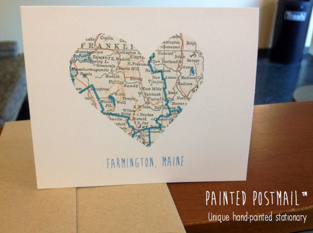 6 Heart Map Greeting Cards- Personalized Map Notecards- Handmade Notecards- "We've Moved" Notecards- Location Notecards- Heart Notecards