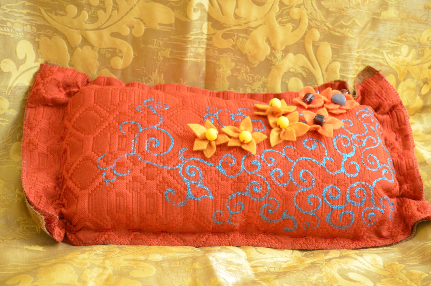 Orange and Brown home decor throw pillow with handmade felt flowers