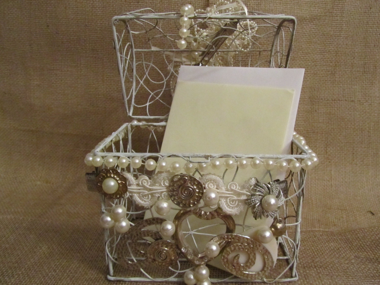 Wedding card holder, shabby chic wedding , wedding decoration, wire box, pearls,jewelry