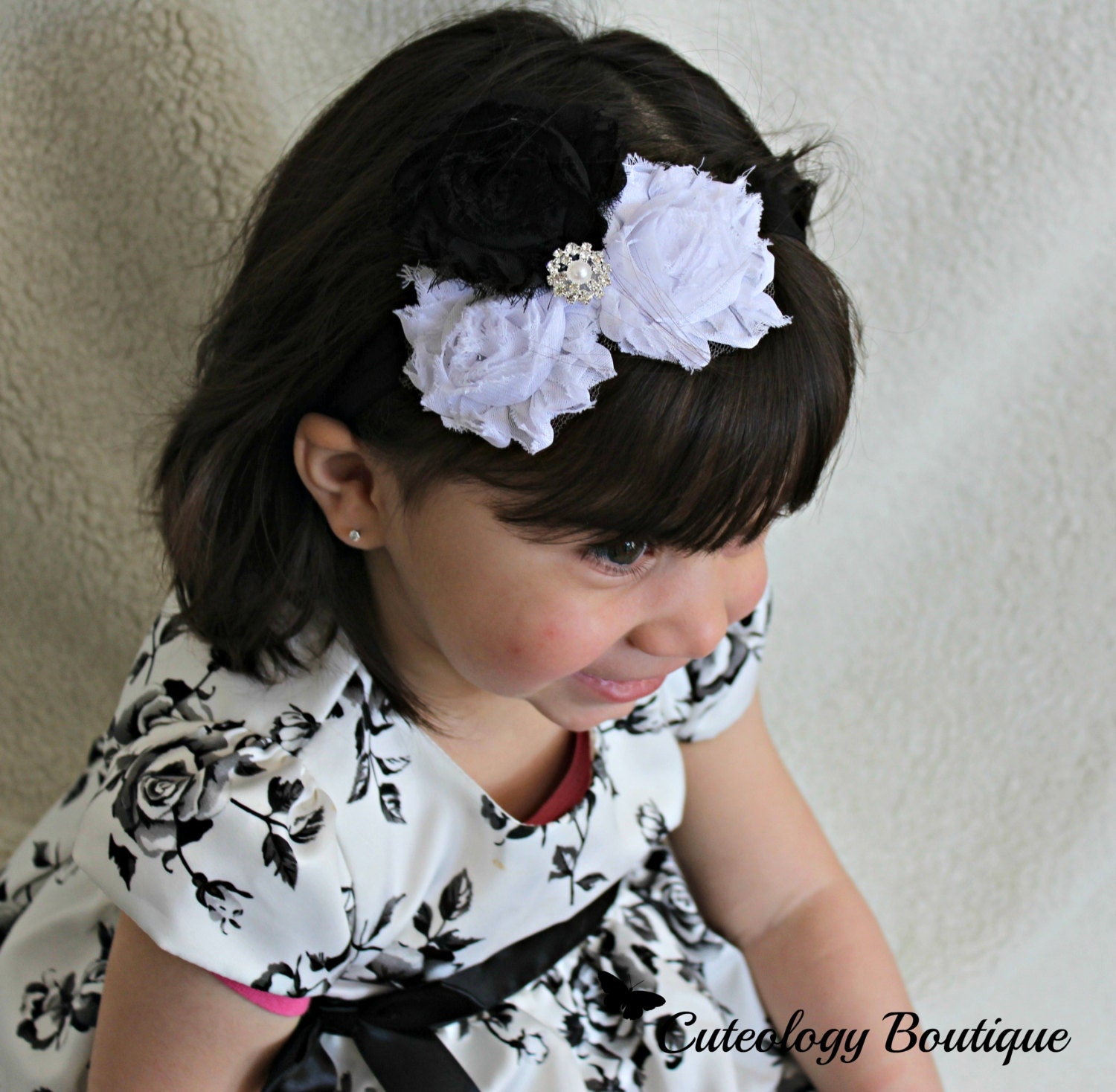 Baby Headband, Newborn Headband, Infant Headband, Child Headband, Shabby Chic, Photo Prop, Baby Girl, Elegant Black and White Flower