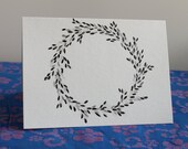 Personalized Greeting Card. 5x7 Hand Inked. One of A Kind. Wreath of Leaves Grey Circle
