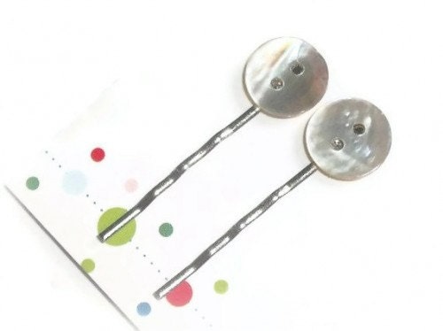 OOAK, Mother of Pear,l Vintage Shell Button Hair Pins, 2pc