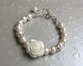 Flower Girl Gift Swarovski Pearl Bracelet, Flower Girl Baby Toddler Girl Jewelry, Wedding White Pearls and Rose
