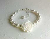 Flower Girl Gift Swarovski Pearl Bracelet, Flower Girl Baby Toddler Girl Jewelry, Wedding White Pearls and Rose