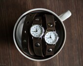 free shipping - unique brown leather bracelet wrap around wrist with 2 two silver watch faces
