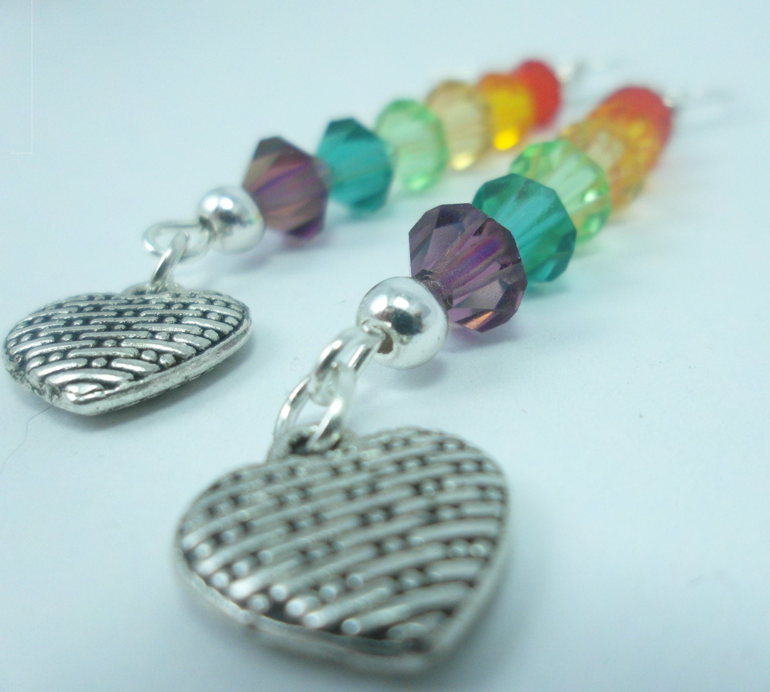 Rainbow Heart Swarovski Crystal Dangle Drop Earrings, Red, Orange, Yellow, Green, Blue, Purple crystals & Silver fish hook style findings