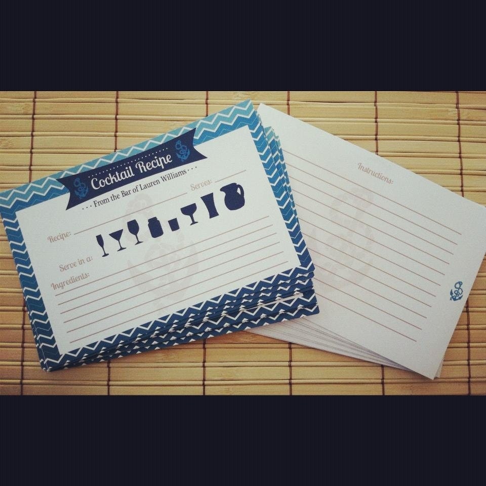 Customized Personalized Chevron Nautical Cocktail Recipe Cards 4 x 6 size - Set of 20