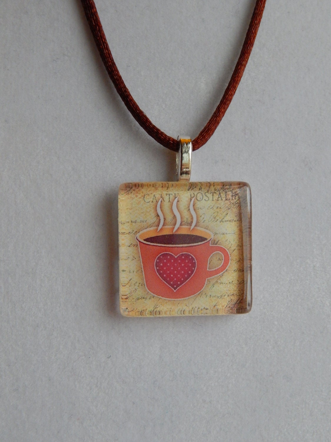 Coffee Cup Glass Tile Necklace - Cream and Peach