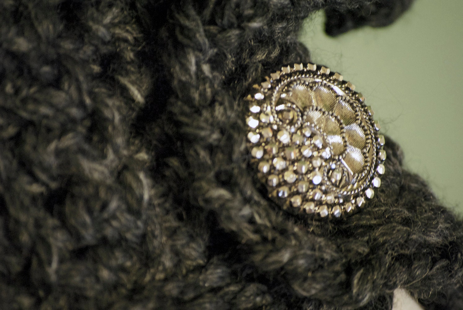 Hand Crocheted "Charcoal Grey" Neck ruffle, 20/80 Lambs Wool and Acrylic Blend, with Italian made sparkle fashion Button