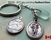 Keychain. Saint St Christopher Key Chain. Gift for Driver, Soldier, Pilot. Safe Travel Vintage Image. Sea Glass. Stainless steel.
