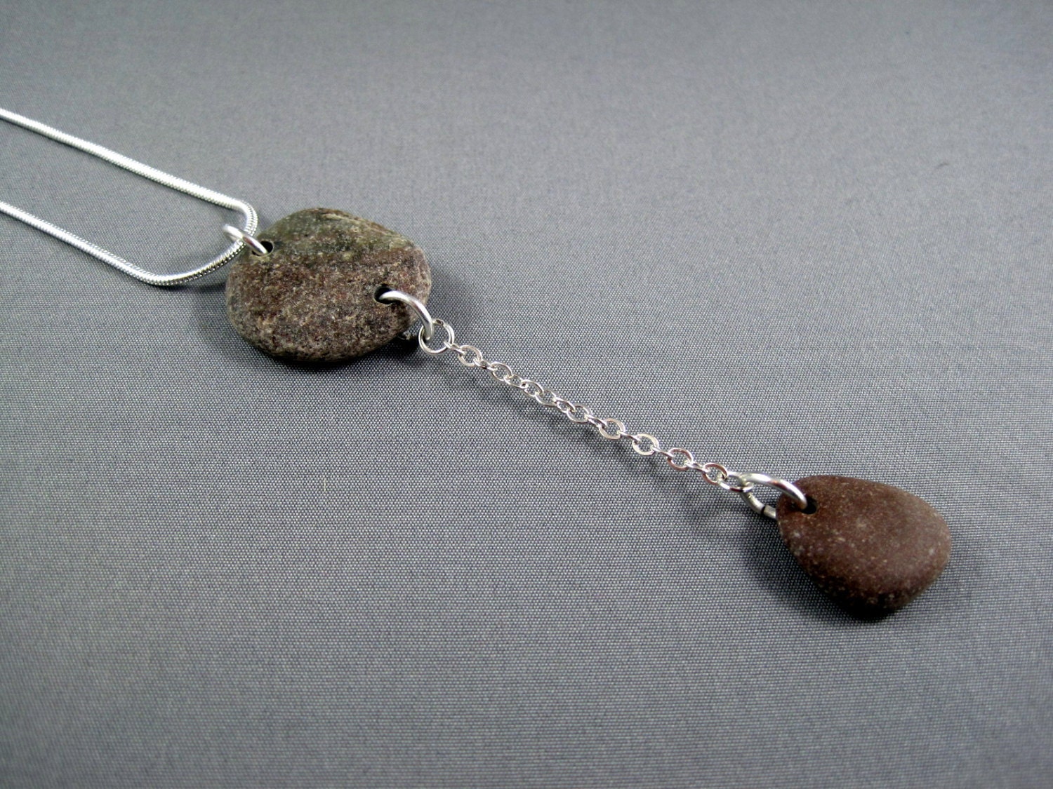 River Stone Necklace Jewelry - Hand Drilled Smooth Rocks - Silver or Leather Chain - Natural Pebbles, Raw, Authentic, Simple, Rustic