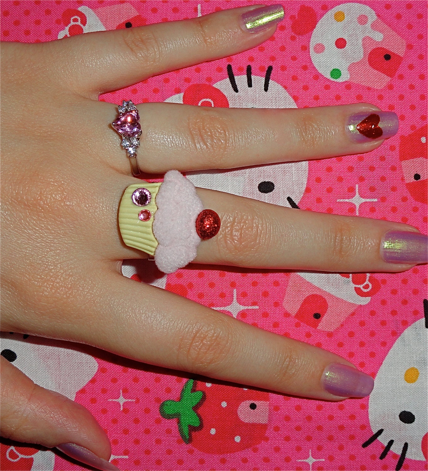 Cute Pastel Pink & Yellow Kawaii Decoden Sweet Lolita Large Cupcake Ring With Pink Jewels