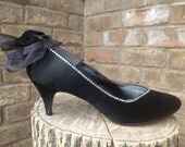 SALE Wedding Prom OOAK Upcycled Recycled Swarovski Crystal Embellished Classic Black Peau de Soie Shoes, US Women's Size 8 1/2M