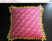 BIG SALE.Bright Yellow,Pink Throw Pillow.Peace Sign.Flowers.Pom Pom.For Kids,Teens,Children.16" Pillow Cover.Cushions.Decorative.Printed