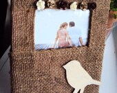 Burlap Picture Frame with Tiny Flowers and Bird
