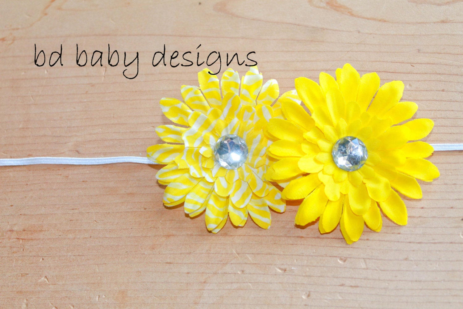 Daisy Flower Headband - Skinny Elastic Band - Yellow Zebra - Newborn Infant Toddler Teen Headband
