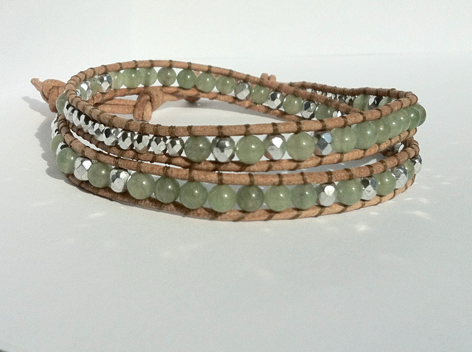 Double Wrap Leather Bracelet with Green Aventurine Stone and Sparkling Silver Czech Glass Beads