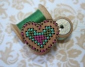 Bridesmaid Gift,  Handmade Wedding, Timber Brooch, love heart, cross stitch, green and magenta