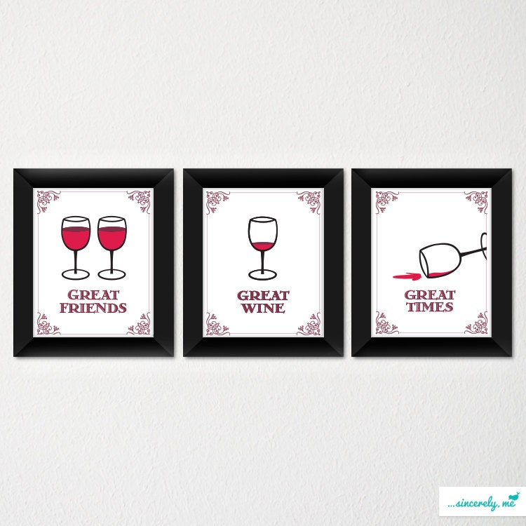 Modern Wine Glass Art Print / Great Gift for any Occasion / Kitchen Décor / Choice of color / Set of 3