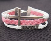 Antique Silver Cross & Love Charm Bracelet-White Wax Cords Imitation Pink Leather Braided Bracelet-Charm Personalized Friendship Jewelry