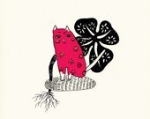 Illustration Drawing Art Digital Print Cute Cat Drawing Pen and Ink Home Decoration Animal Pink Funny Special Flower