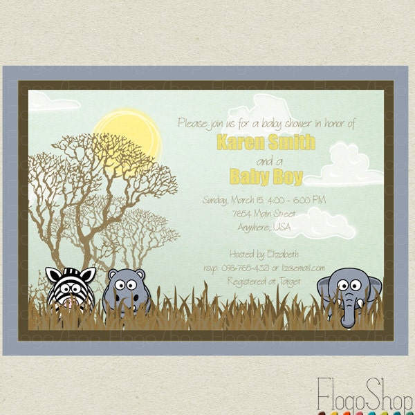 Safari baby shower invitation / Printable zoo birthday party invite card / African elephant zebra kids boys girls Il_170x135