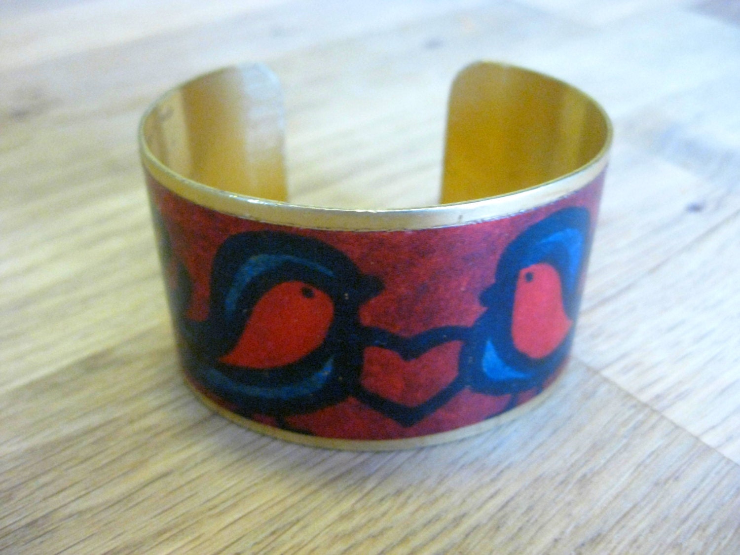 Love Birds Gift  - Cuff Bracelet - Brass Cuff With Image Transfer of Love Birds - Spring Summer Jewelry
