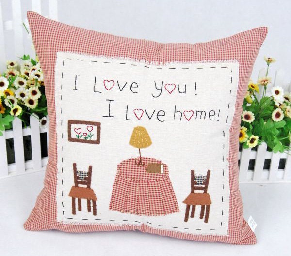 Pink Grid I Love Home Patchwork Cushion Cover, Housewarming Cushion Case, Handmade Patchwork Pillow Case, Decorative Bedding Pillow Case