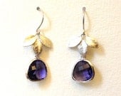 Tanzanite Earrings Amethyst Purple Drop Earrings with Three Leaf Charms Deep Purple Coloured Glass, Silver Bezel Set Dangle Earrings