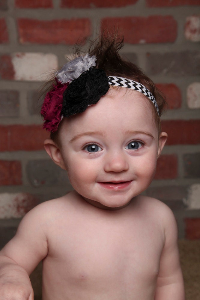 Black Lace Flower, Plum Shabby Flower, Grey Shabby Flower, Black/White Chevron Band, Sparkle Jewel,  Girl Headband