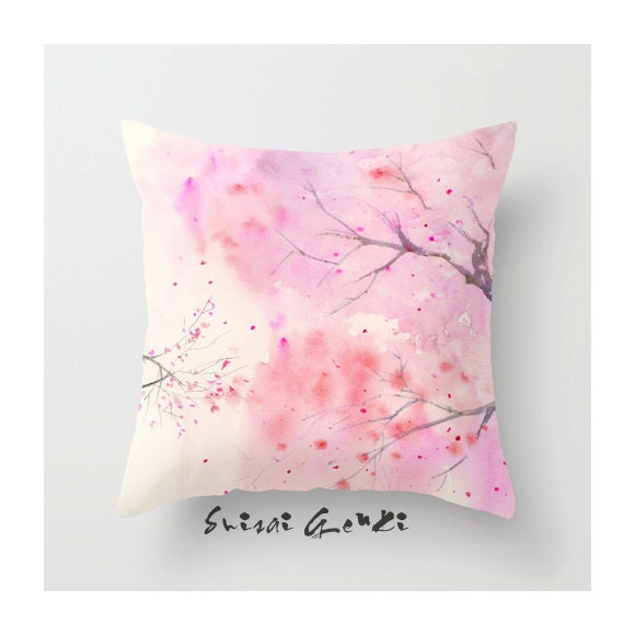 Cherry Blossom - Abstract - Art Watercolor Painting by Suisai Genki, Pillow Cover - 16x16" - 18x18", Pink, Red, Purple - SuisaiGenki